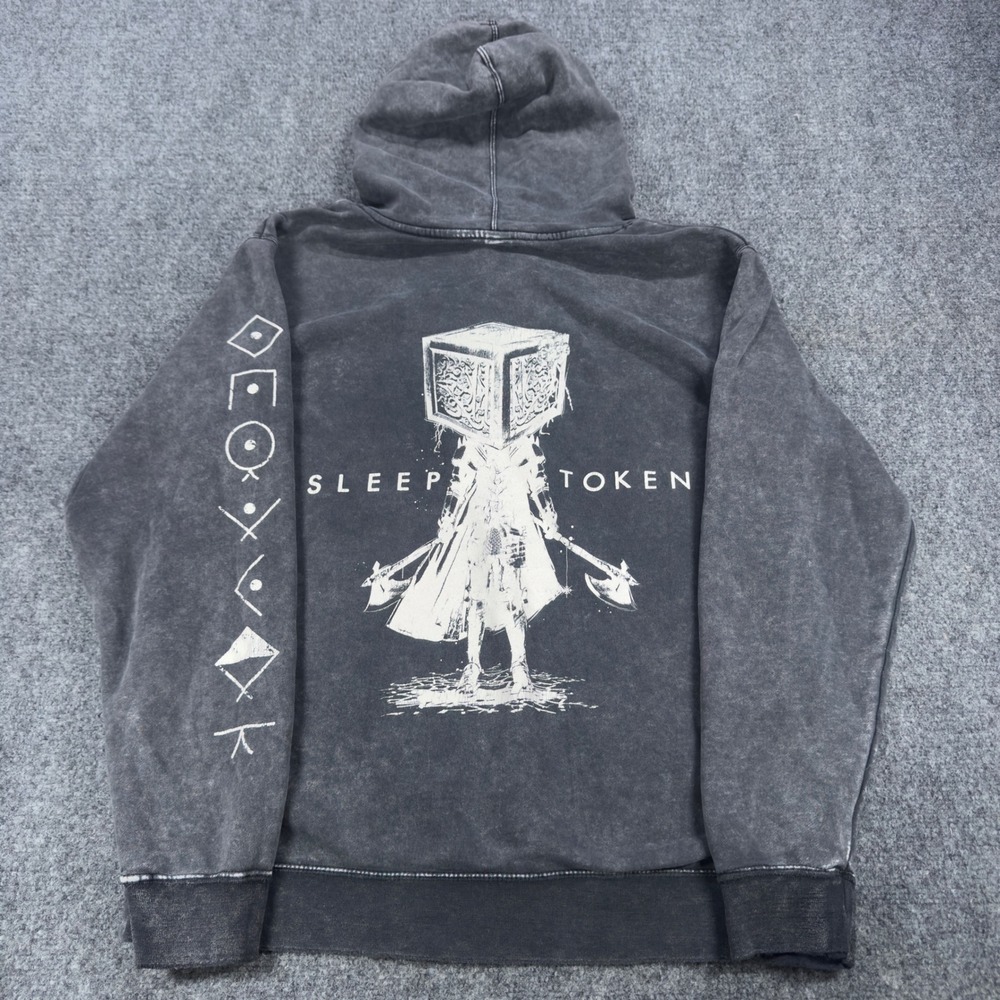 Sleep Token Mineral Wash Hoodie Rune Sleeve Graphic Band Merch Gray Large